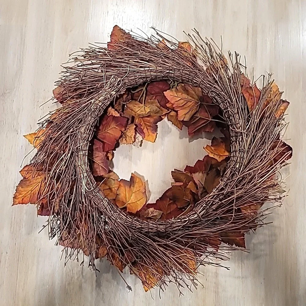 20in Fall Orange/Red Leaves And Twigs Wreath-Autumn-Door/Wall Decor